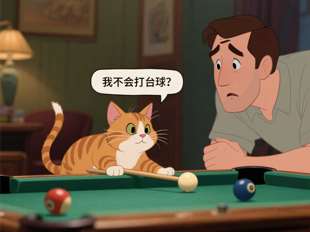 猫鼠联手秀技能，主人台球不行，猫咪自信：包进包进！